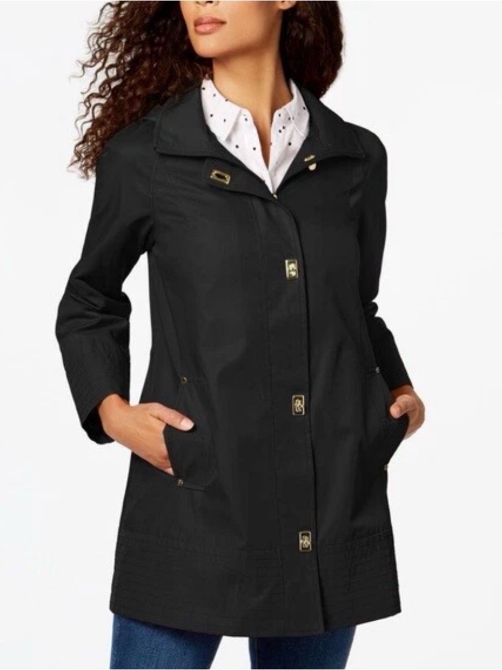 Jones New York Black Hooded Raincoat Trench Jacket Gold Turn Lock Coat 2X TTG